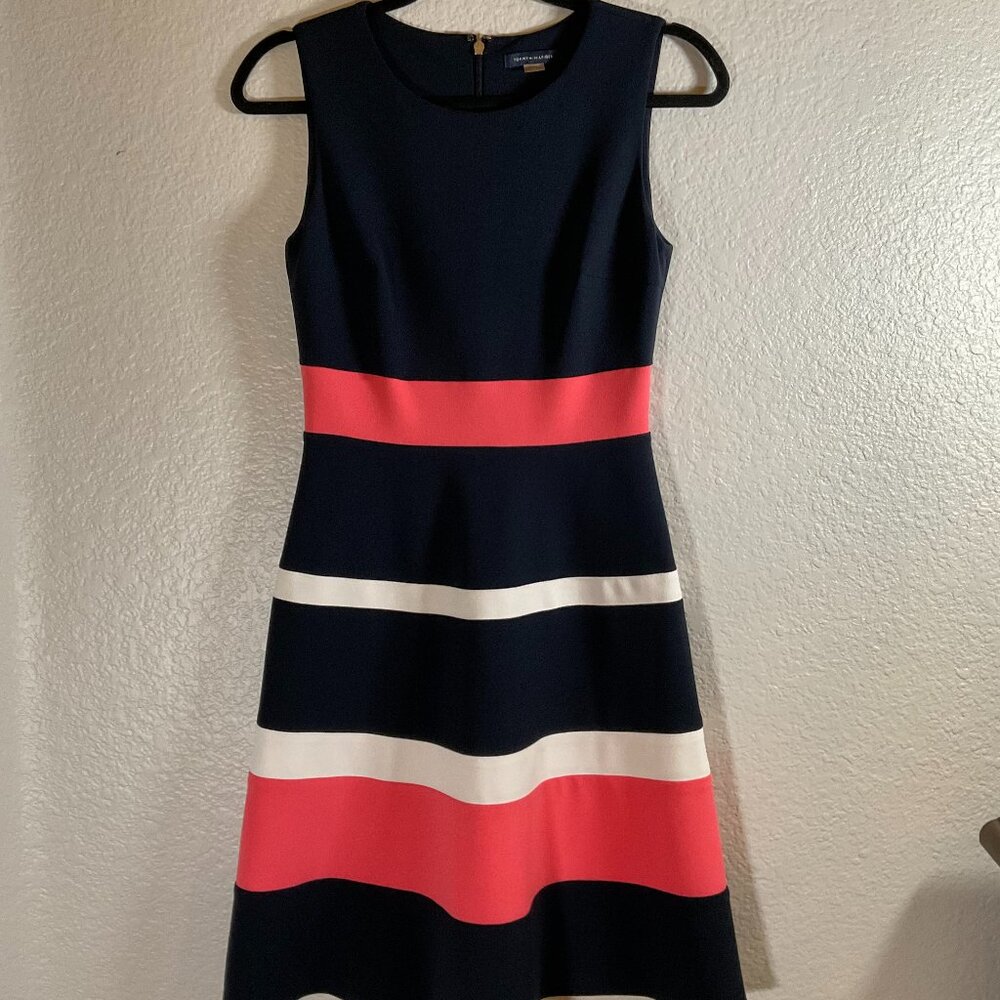 Tommy Hilfiger striped dress. Navy w/ coral + white color block stripes. Size 2
